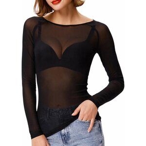 🆕Women's Black Polyamide See-Through Slim Fit Long Sleeve Sexy Sheer Blouse